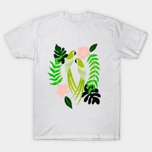 Green parrots and pink hibiscus flowers T-Shirt